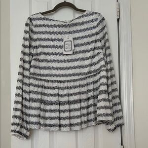 Sail to Sable Navy and white sequined peplum long Sleeve Blouse